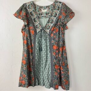 Anthropologie Floral Midi Dress - Orange and Green 3X EUC